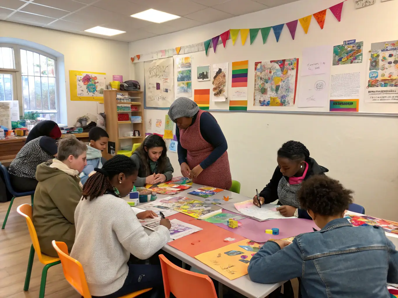 A photograph of a community workshop in progress at ASSOCIATION CAFE THEATRE DE TATIE, showing participants actively engaged in a hands-on activity, with art supplies and tools visible on the tables.