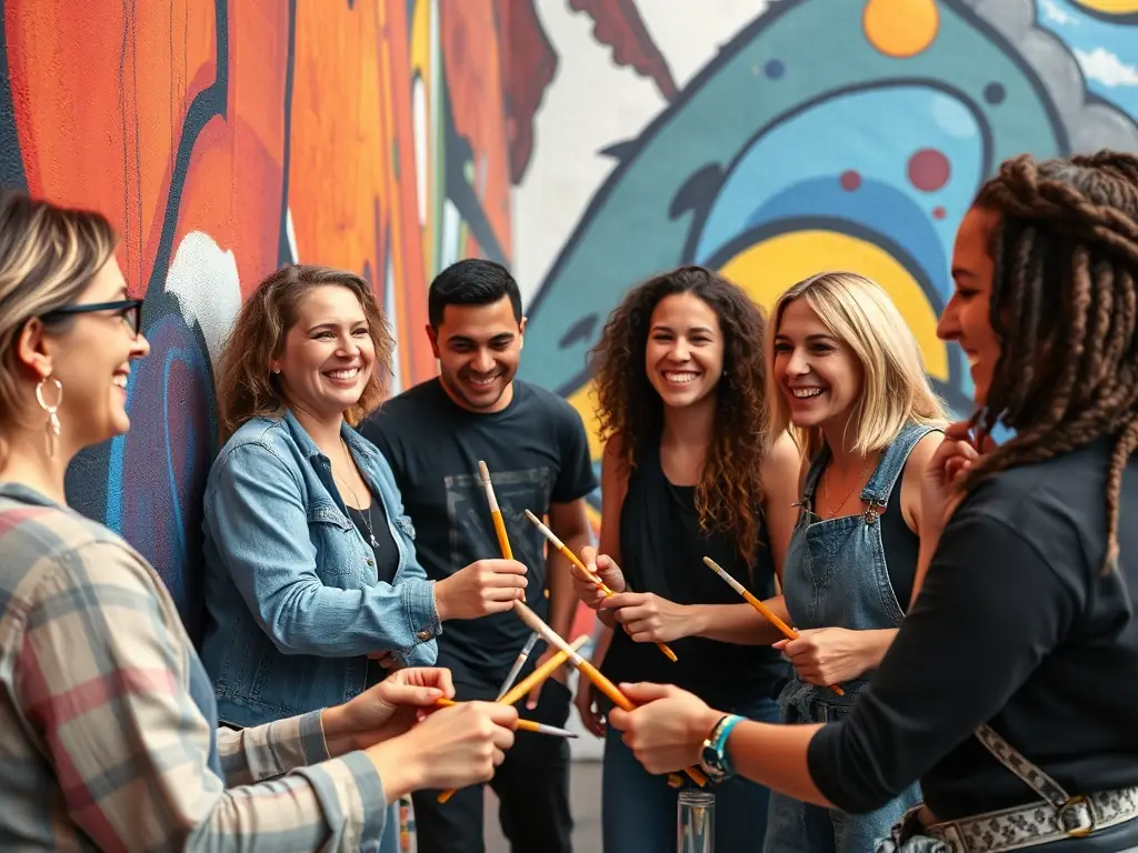 A photo of a collaborative art project at ASSOCIATION CAFE THEATRE DE TATIE, featuring artists working together on a mural or installation, showcasing teamwork and artistic innovation.