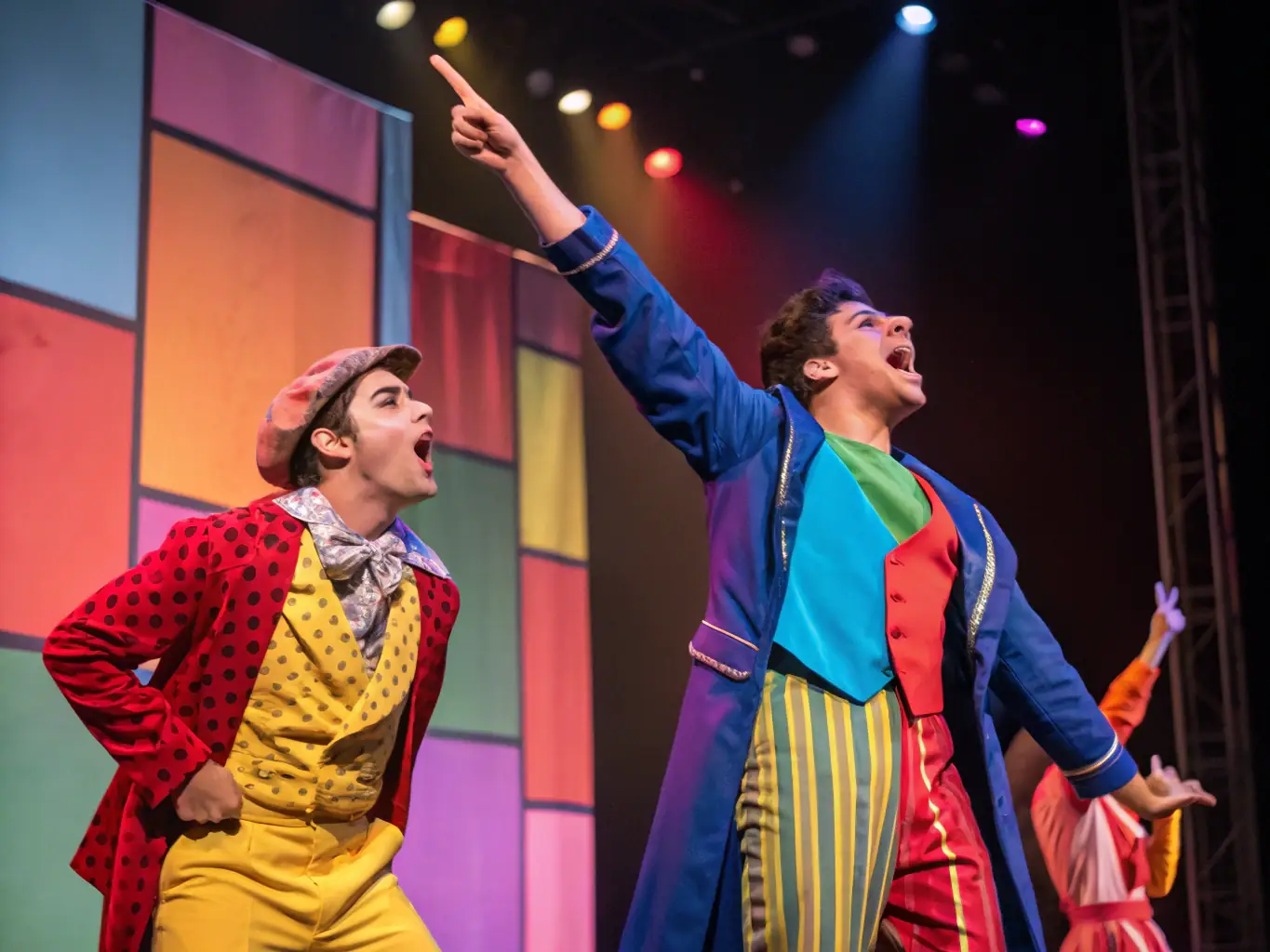 A vibrant photograph capturing a scene from one of ASSOCIATION CAFE THEATRE DE TATIE's theatrical performances, showcasing actors in costume on stage with dynamic lighting and set design.