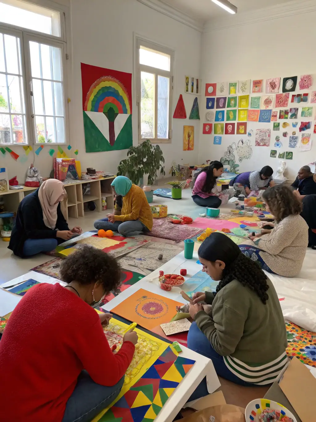 A behind-the-scenes photo of a creative workshop in progress at ASSOCIATION CAFE THEATRE DE TATIE, showing participants engaged in hands-on activities.