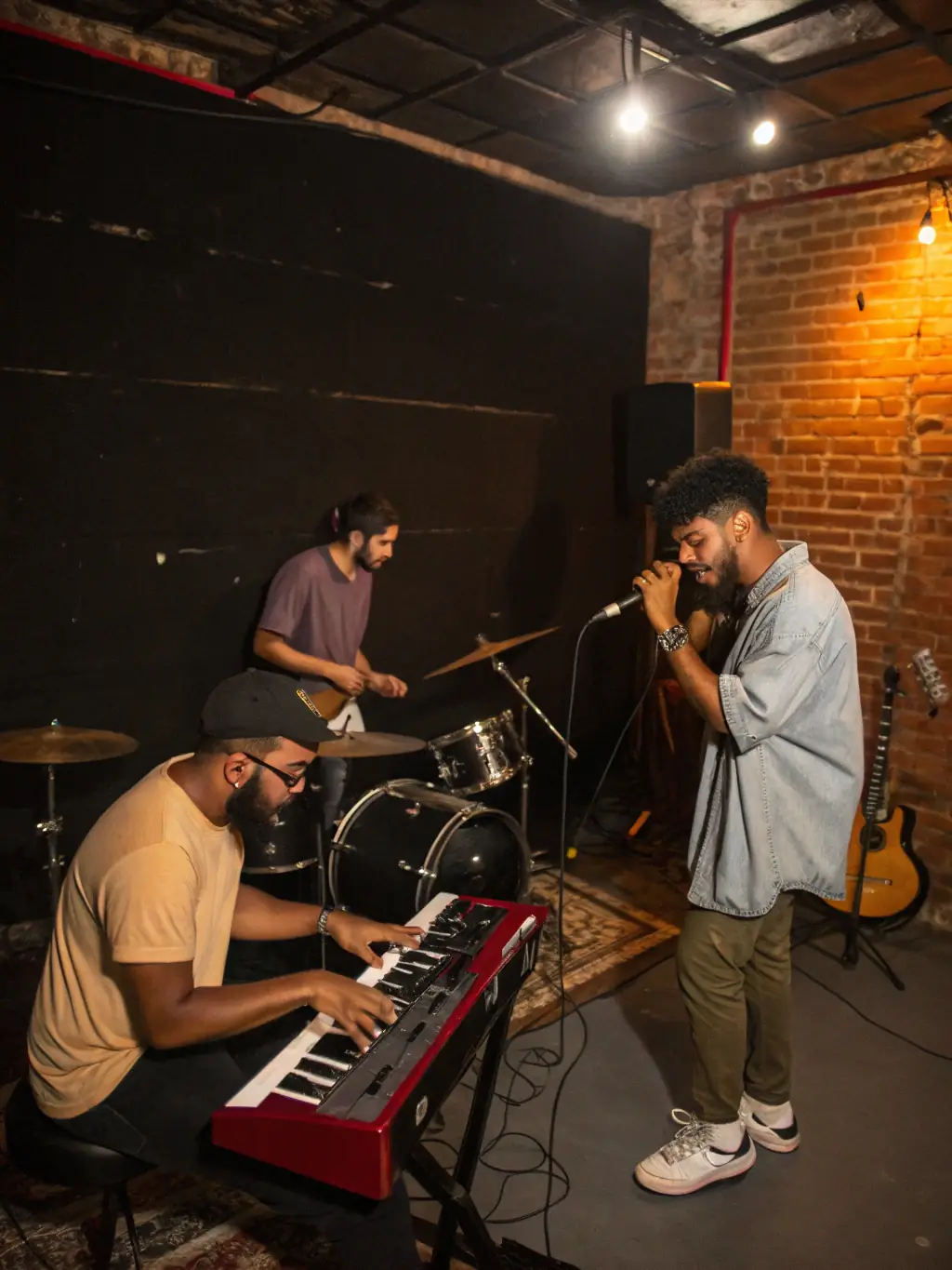 A dynamic shot of musicians rehearsing for a live music event at ASSOCIATION CAFE THEATRE DE TATIE, highlighting the energy and passion of the performers.