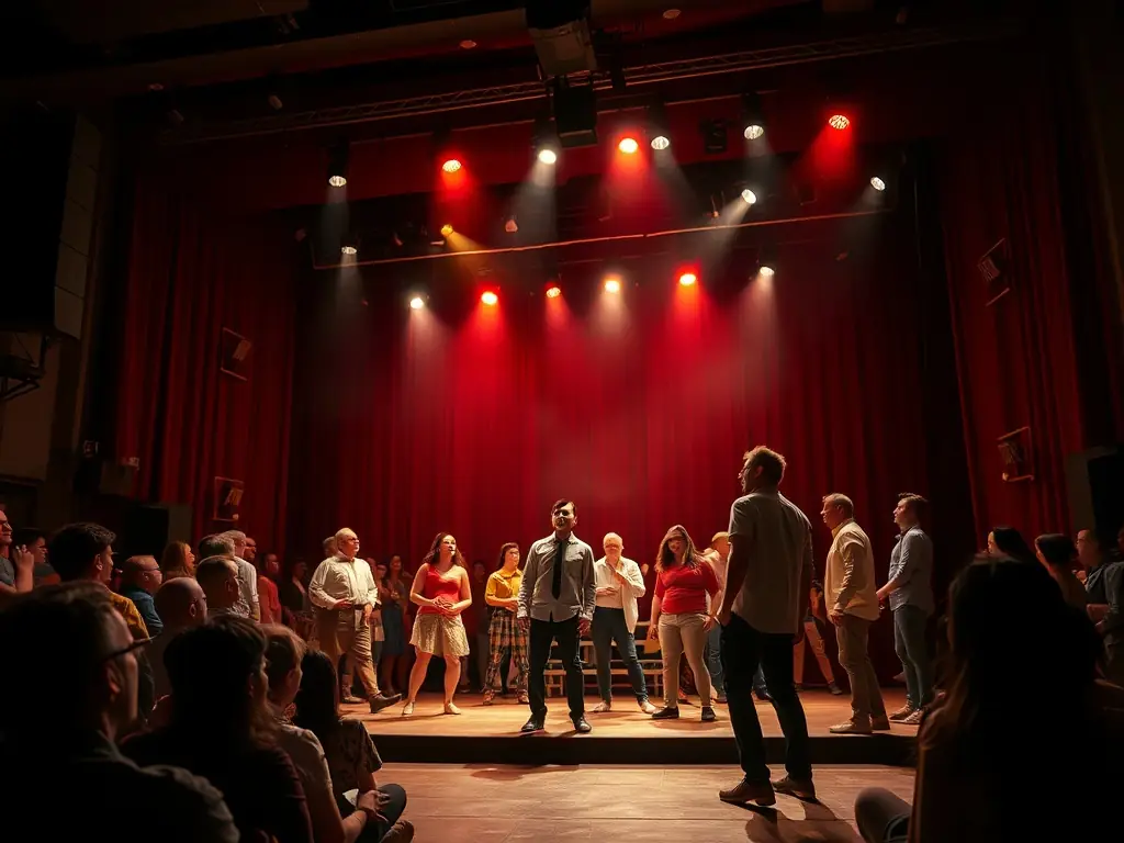 A vibrant photo of a theatrical performance at ASSOCIATION CAFE THEATRE DE TATIE, showcasing actors on stage with dynamic lighting and engaged audience members.