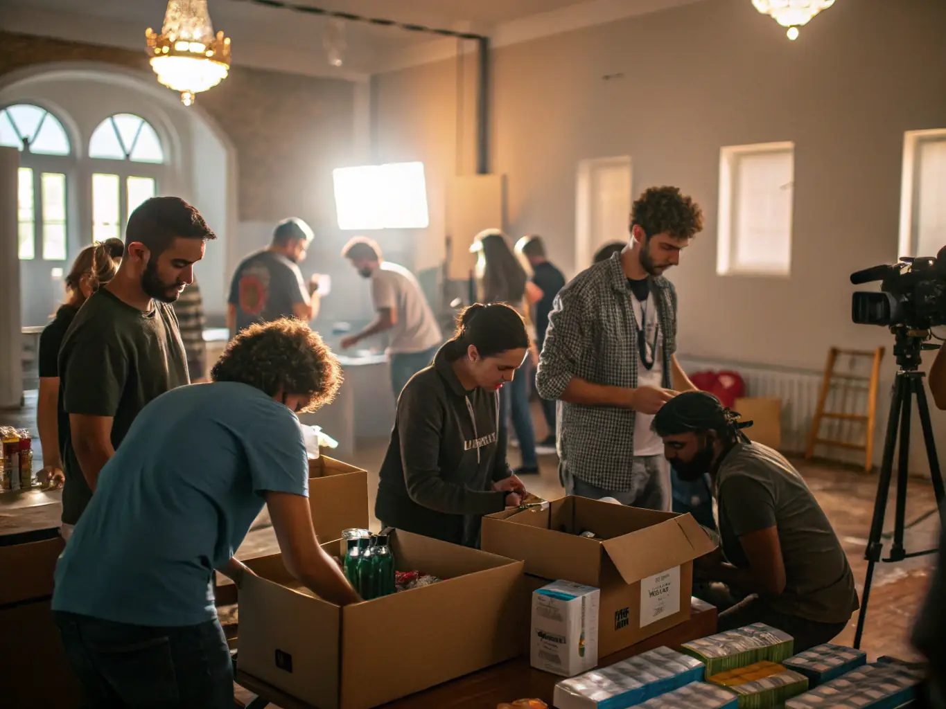 A photograph capturing a behind-the-scenes moment at ASSOCIATION CAFE THEATRE DE TATIE, showing volunteers and staff working together to prepare for an event, with smiles and a sense of camaraderie.