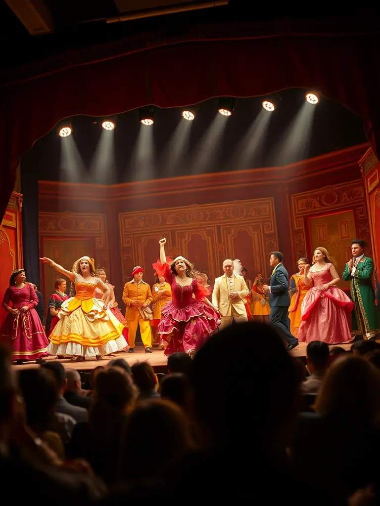 A vibrant photograph capturing a scene from an upcoming theatrical performance at ASSOCIATION CAFE THEATRE DE TATIE, showcasing actors in costume on stage with dynamic lighting.